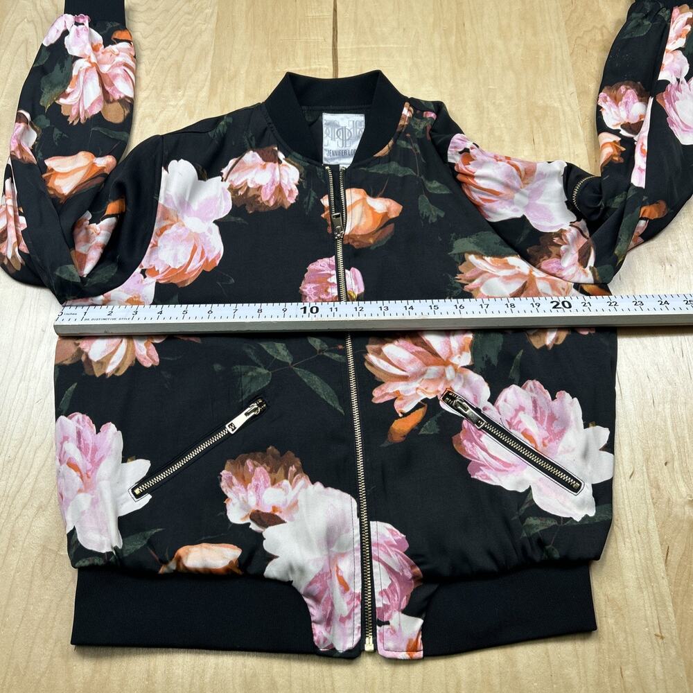 Jennifer Lopez Floral Bomber Jacket Black Pink Roses Zip Up Womens M Gold Zipper - Picture 9 of 12